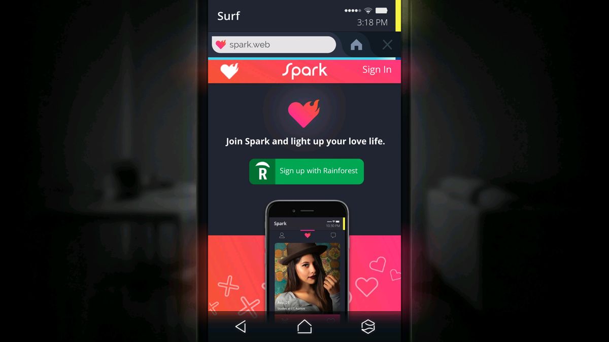 Simulacra (Windows) screenshot: Logging in to Spark dating app
