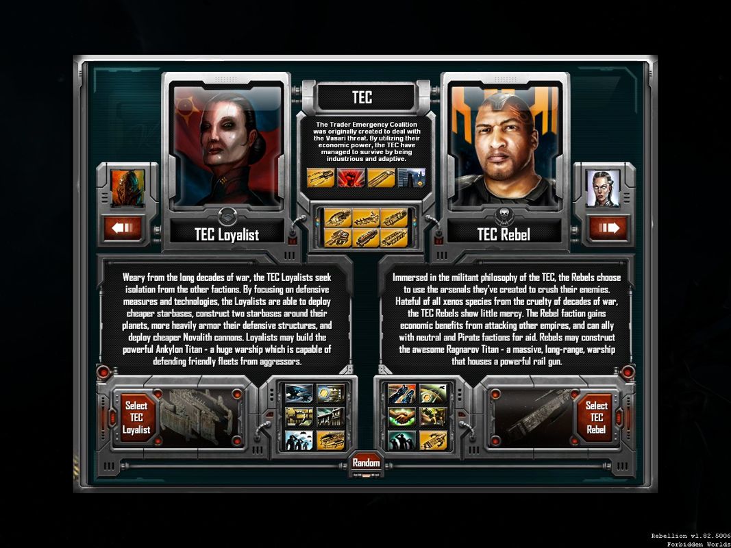 Sins of a Solar Empire: Rebellion (Windows) screenshot: Lets choose a faction to play with.