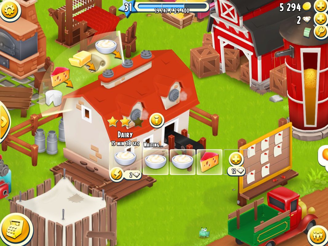 Hay Day (iPad) screenshot: Most buildings produce specific items for the player. The dairy produces various dairy products from milk.