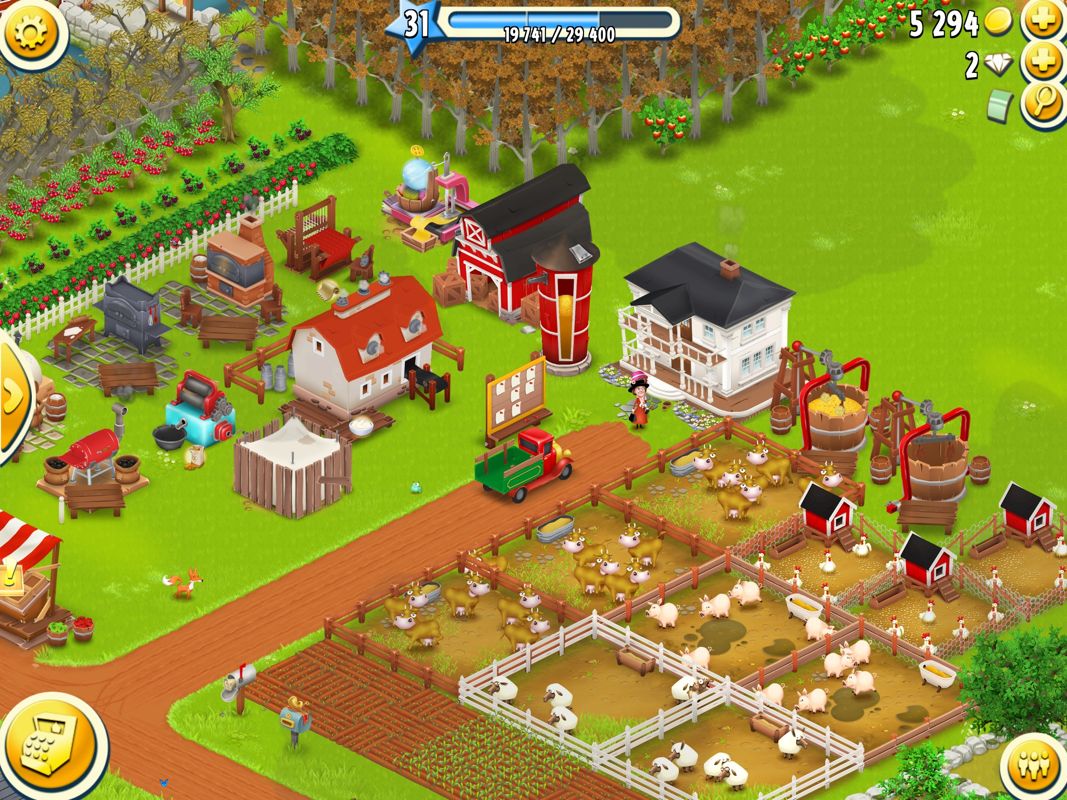 Hay Day (iPad) screenshot: Main view of the game. Some buildings produce goods, others for storage, and plots for farming and farm animals.