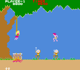 Jungle Hunt (Arcade) screenshot: Jungle King - Stealing cannibals' lunch