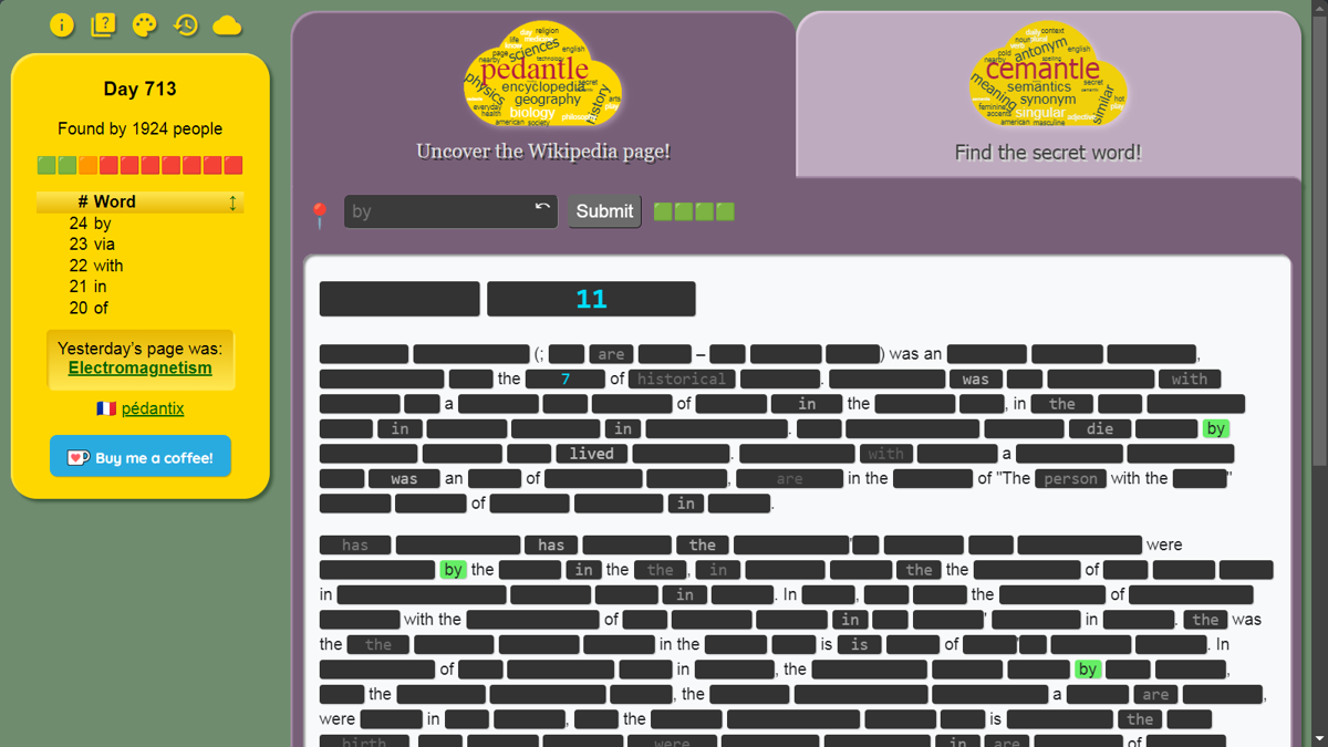Screenshot of Pedantle (Browser, 2022) MobyGames