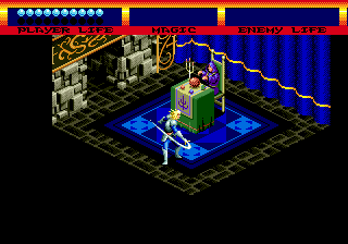 Light Crusader (Genesis) screenshot: An attempt to kill the priest. Can't do that!