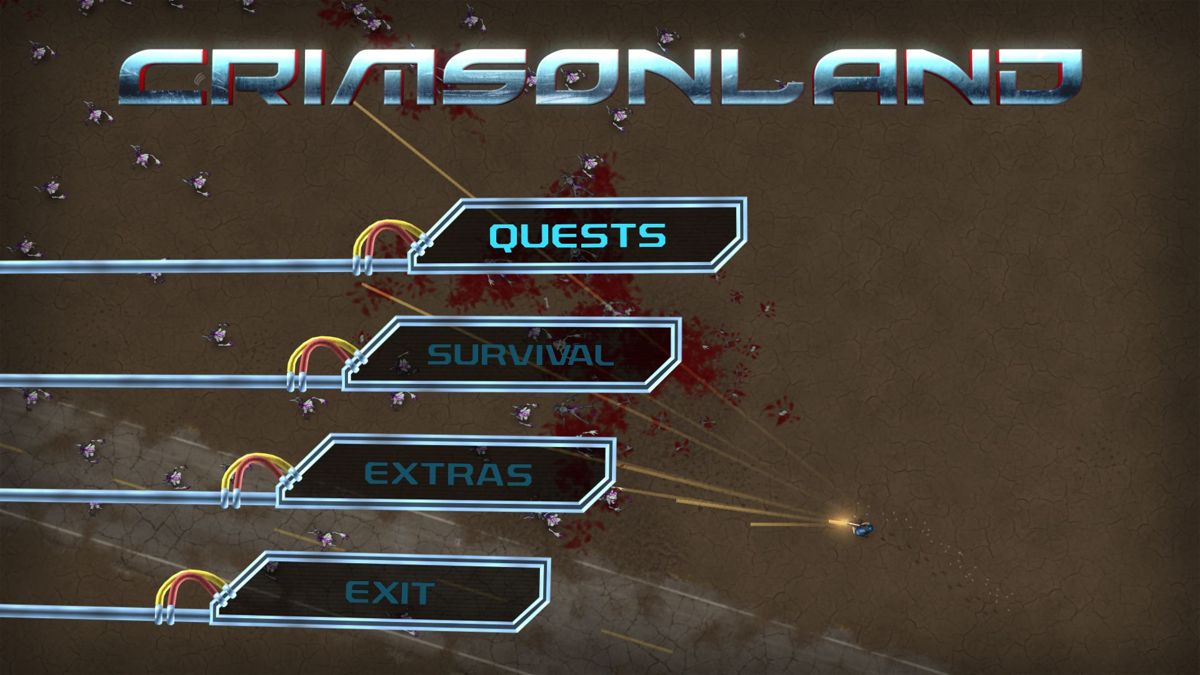 Crimsonland (Windows) screenshot: The main menu<br>A battle rages in the background