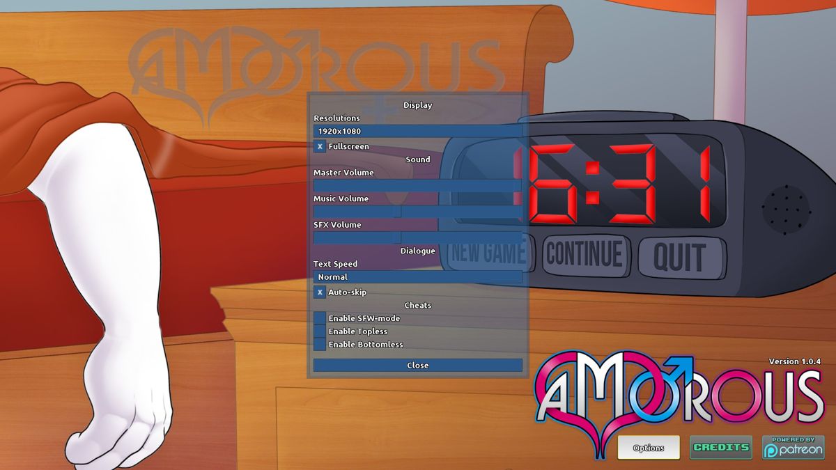 Amorous (Windows) screenshot: Options Screen