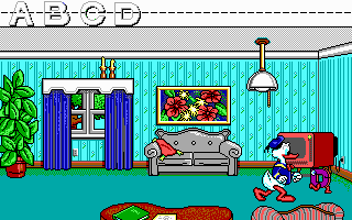 Donald's Alphabet Chase (DOS) screenshot: Chasing letters in the living room (EGA)