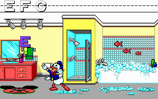 Donald's Alphabet Chase (DOS) screenshot: Donald tosses an E to the top of the screen (EGA)