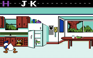 Donald's Alphabet Chase (Commodore 64) screenshot: Searching through the kitchen...