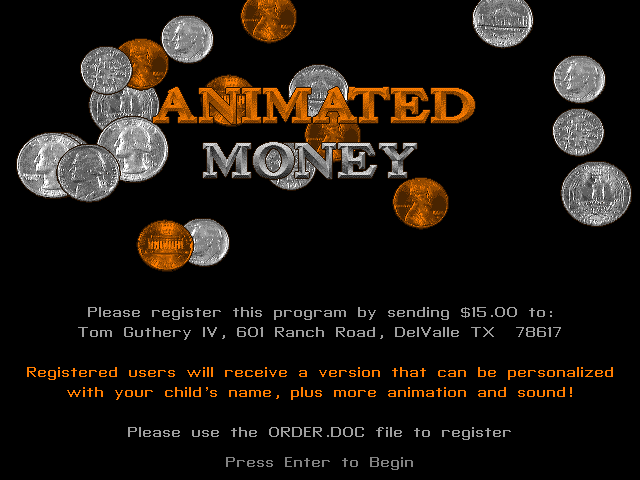 Animated Money (DOS) screenshot: Title screen (unregistered shareware version)