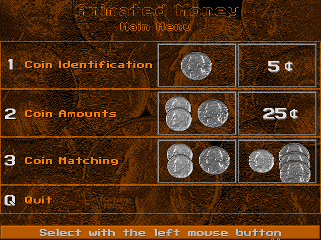 Animated Money (DOS) screenshot: Main menu (unregistered shareware version)
