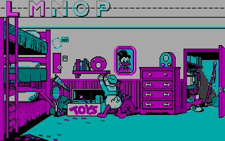 Donald's Alphabet Chase (DOS) screenshot: Reaching for the O (CGA)