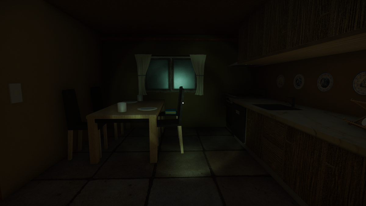 Strange Toilet (Windows) screenshot: Power outage, using flashlight in the kitchen