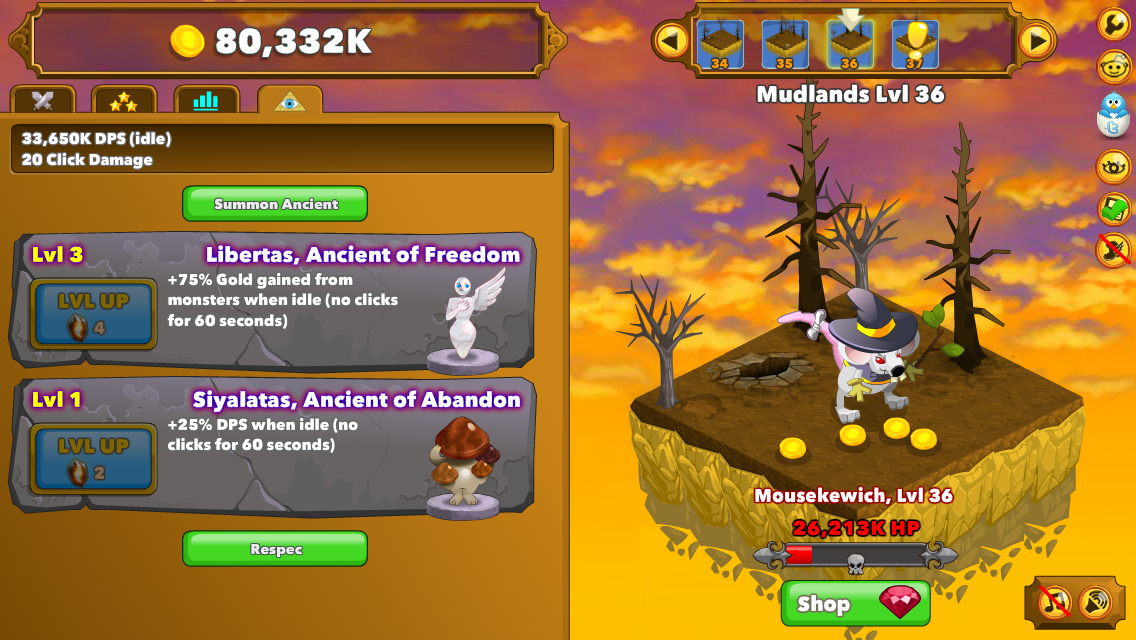 Clicker Heroes (Browser) screenshot: Two ancients are active for a more passive (idle) build.