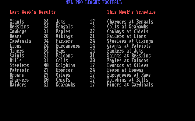 NFL Pro League Football (DOS) screenshot: This weeks game results