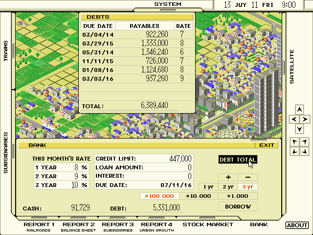 A-Train (DOS) screenshot: Debts!