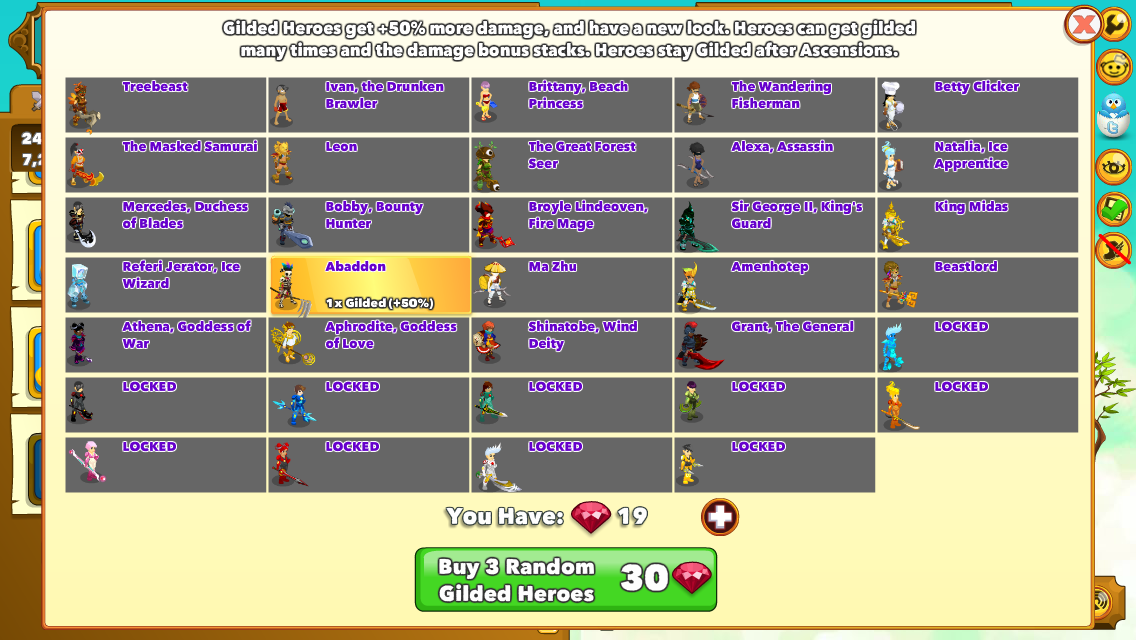 Clicker Heroes (Browser) screenshot: A gilded hero is provided after beating a primal boss.