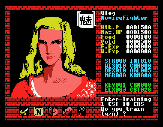Xanadu: Dragon Slayer II (MSX) screenshot: Want to be more charismatic? Visit this lady! The sign is "mi" (Chinese "mei"), meaning "attractive"