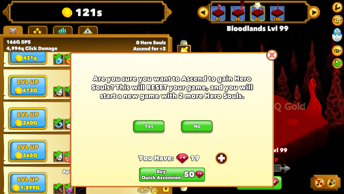 Clicker Heroes (Browser) screenshot: Use the ascend skill to soft reset the world.