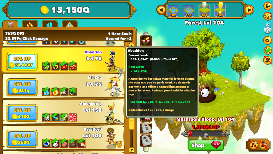 Clicker Heroes (Browser) screenshot: Statistics for a gilded hero