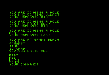 Circle World (Commodore PET/CBM) screenshot: What do you know? An ID card buried chest-deep in the sand. Now you can pick it up.