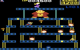 Donkey Kong (Commodore 64) screenshot: Watch out for those fireballs here! (US Version)
