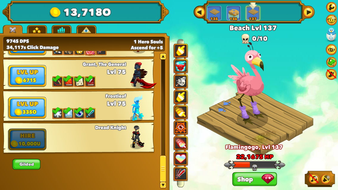 Clicker Heroes (Browser) screenshot: Around zone 140 you'll reach a wall in your first run. It becomes more worthwhile to ascend and return in stronger shape.