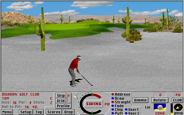 Links: Championship Course - Bighorn (DOS) screenshot: plenty of sand, hole 16 - Links 386 SVGA