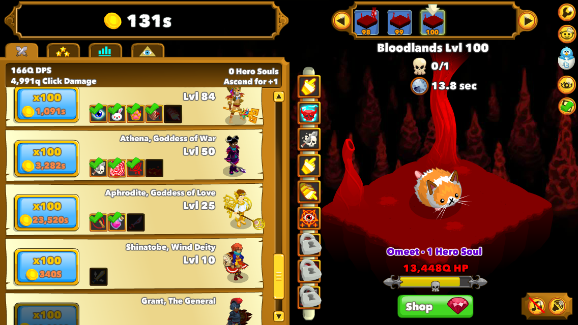 Clicker Heroes (Browser) screenshot: Omeet is the first primal boss you encounter. Beating it will provide a hero soul.