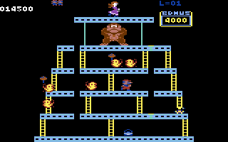 Donkey Kong (Commodore 64) screenshot: Watch out for those fireballs (UK version)