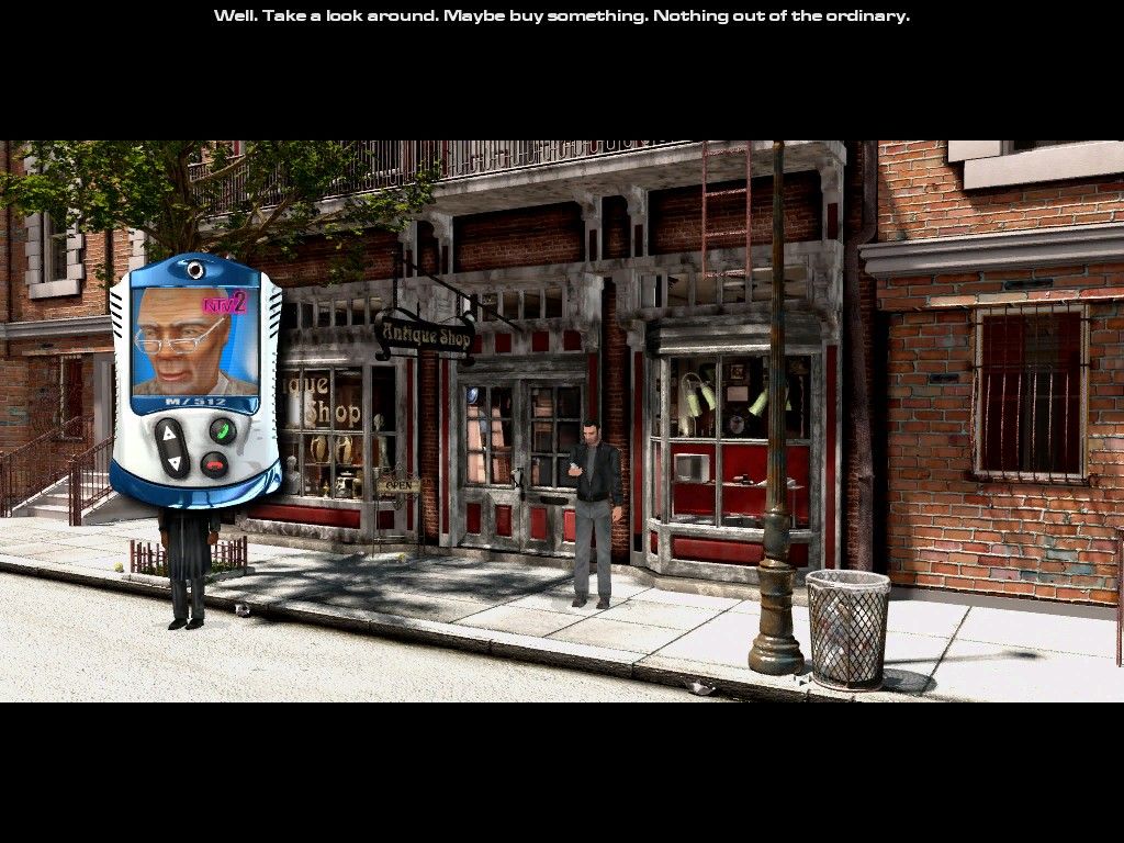 The Moment of Silence (Windows) screenshot: In front of the antique shop, persuading the owner to unlock the door for you