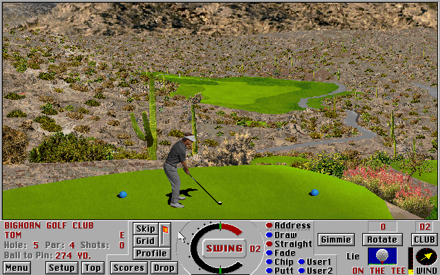 Links: Championship Course - Bighorn (DOS) screenshot: teeing off a cliff, hole 5 - Links 386 SVGA