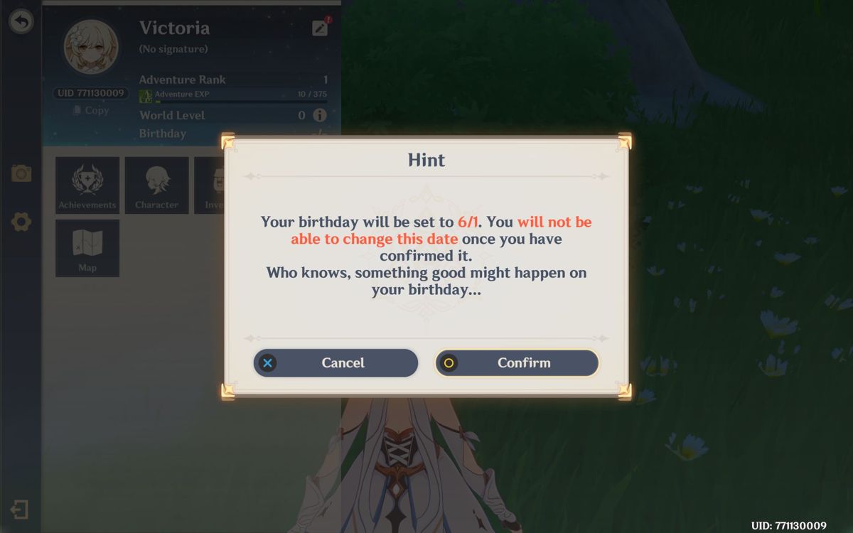 Genshin Impact (Windows) screenshot: I am just starting the game for the first time and there is a hint that there may be birthday gifts.