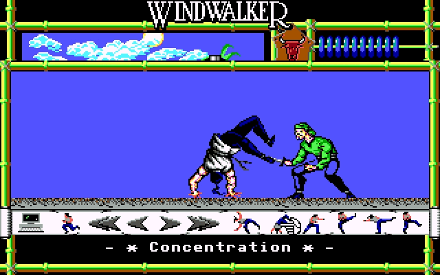 Windwalker (DOS) screenshot: Combat is done through a similarly unique interface. Something akin to a slow paced Street Fighter-esque game, you perform martial arts against your opponents.