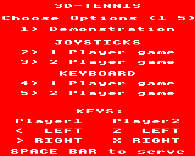 3D-Tennis (BBC Micro) screenshot: Main Menu