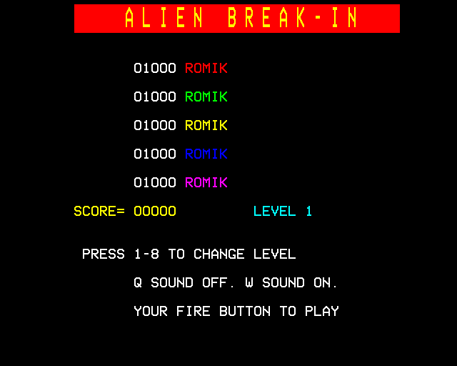 Alien Break-In (BBC Micro) screenshot: High Scores