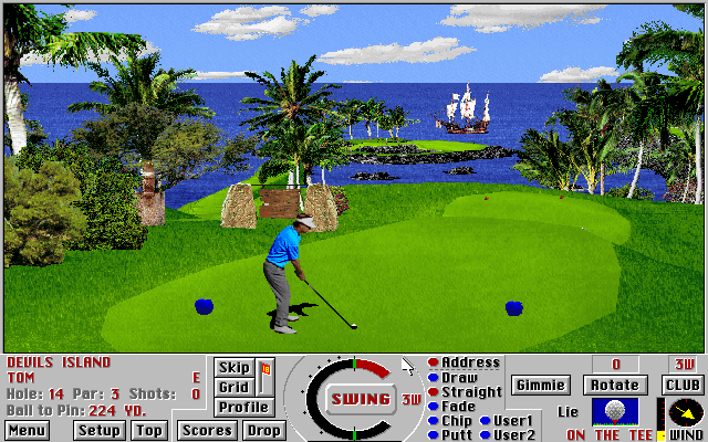 Links: Fantasy Course - Devils Island (DOS) screenshot: Island green hole 14 - Links 386 SVGA