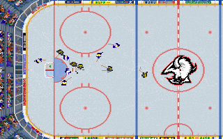 Wayne Gretzky Hockey 3 (DOS) screenshot: Bruins are attacking (top-down view)