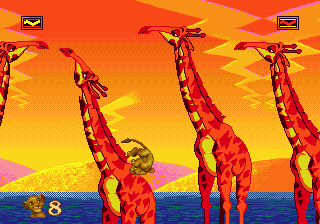 The Lion King (Genesis) screenshot: Fell down a giraffa's neck