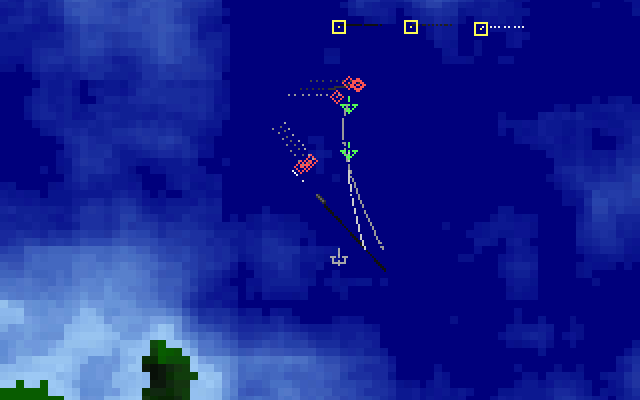 SSN-21 Seawolf (DOS) screenshot: 2 torpedoes (in green) heading toward enemy vessels