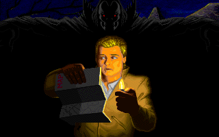 Veil of Darkness (DOS) screenshot: Q. What has red eyes, fangs, and is nine feet tall? A. I don't know, but you might want to look behind you.