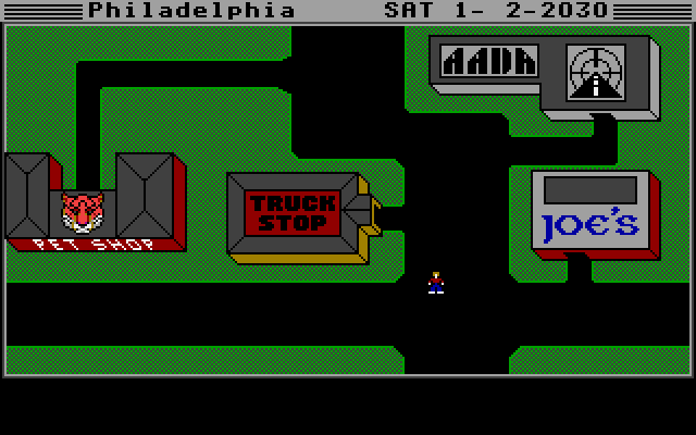 AutoDuel (DOS) screenshot: Going to Philadelphia