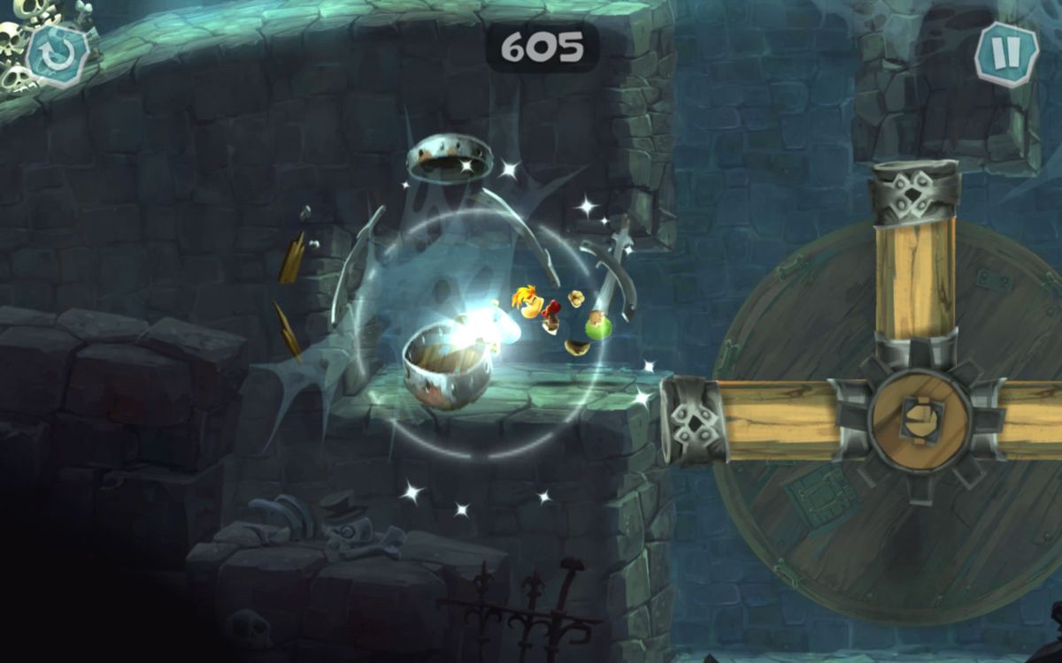 Rayman Adventures (Android) screenshot: Playing as Rayman, opening a chest.