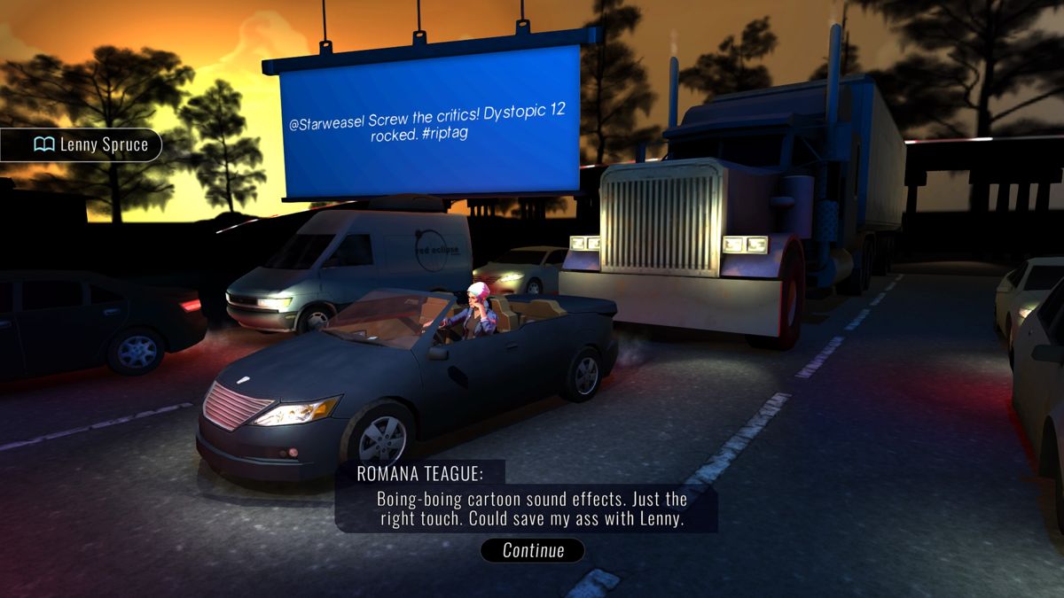 Knee Deep (PlayStation 4) screenshot: Romana is stuck in traffic
