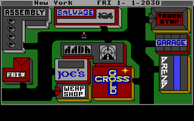 AutoDuel (DOS) screenshot: Adventure-like navigating