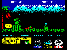 Little Puff in Dragonland (ZX Spectrum) screenshot: With tin hat that coconut won't hurt you