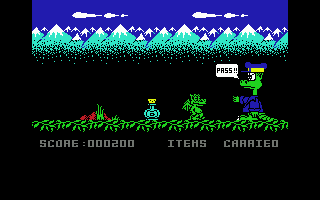 Little Puff in Dragonland (Commodore 64) screenshot: Large dragon requires four parts of the pass