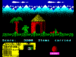 Little Puff in Dragonland (ZX Spectrum) screenshot: Let's take a little rest between palm & hut