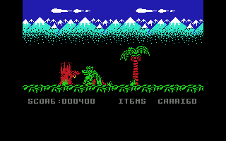 Little Puff in Dragonland (Commodore 64) screenshot: Destroying tree stump with fire breath
