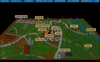 Crime City (DOS) screenshot: New places will appear on the city map as Steven discoveres clues. Travelling takes time and/or money.