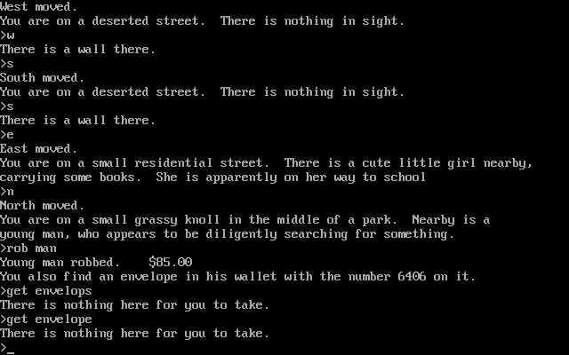 cRiMe (DOS) screenshot: Scoring some money, plus an enigmatic note that will likely make more sense later.